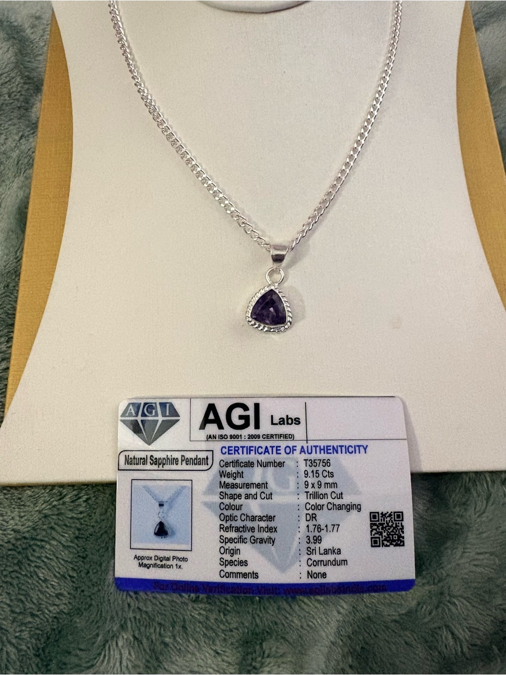 Natural Trillion Cut Sapphire Pendant Necklace - Silver Chain - Purple 9 Ct